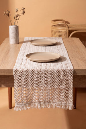 Krem Popillon Pamuklu Püsküllü Runner 35x145 cm