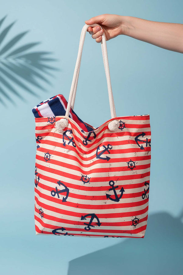 Çizgili Marine Desenli Plaj Çantası