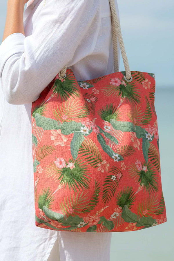 Çiçek Desenli Mercan Plaj Çantası