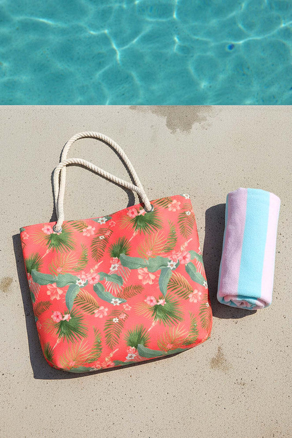 Çiçek Desenli Mercan Plaj Çantası