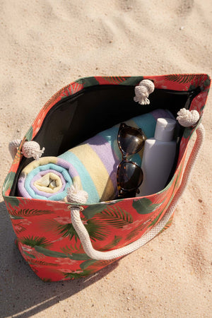 Çiçek Desenli Mercan Plaj Çantası