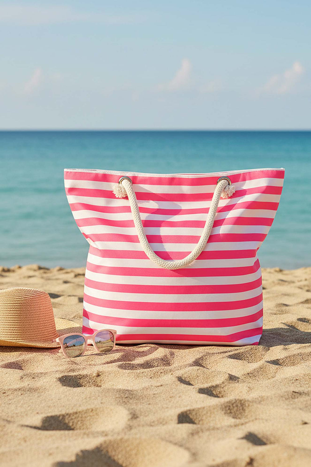 Pembe & Beyaz Çizgili Plaj Çantası