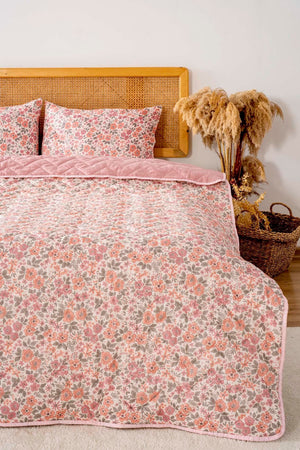 Pembe Bahar Çift Kişilik Outlet Pamuklu Kapitone Pike & Çok Amaçlı Yatak Örtüsü