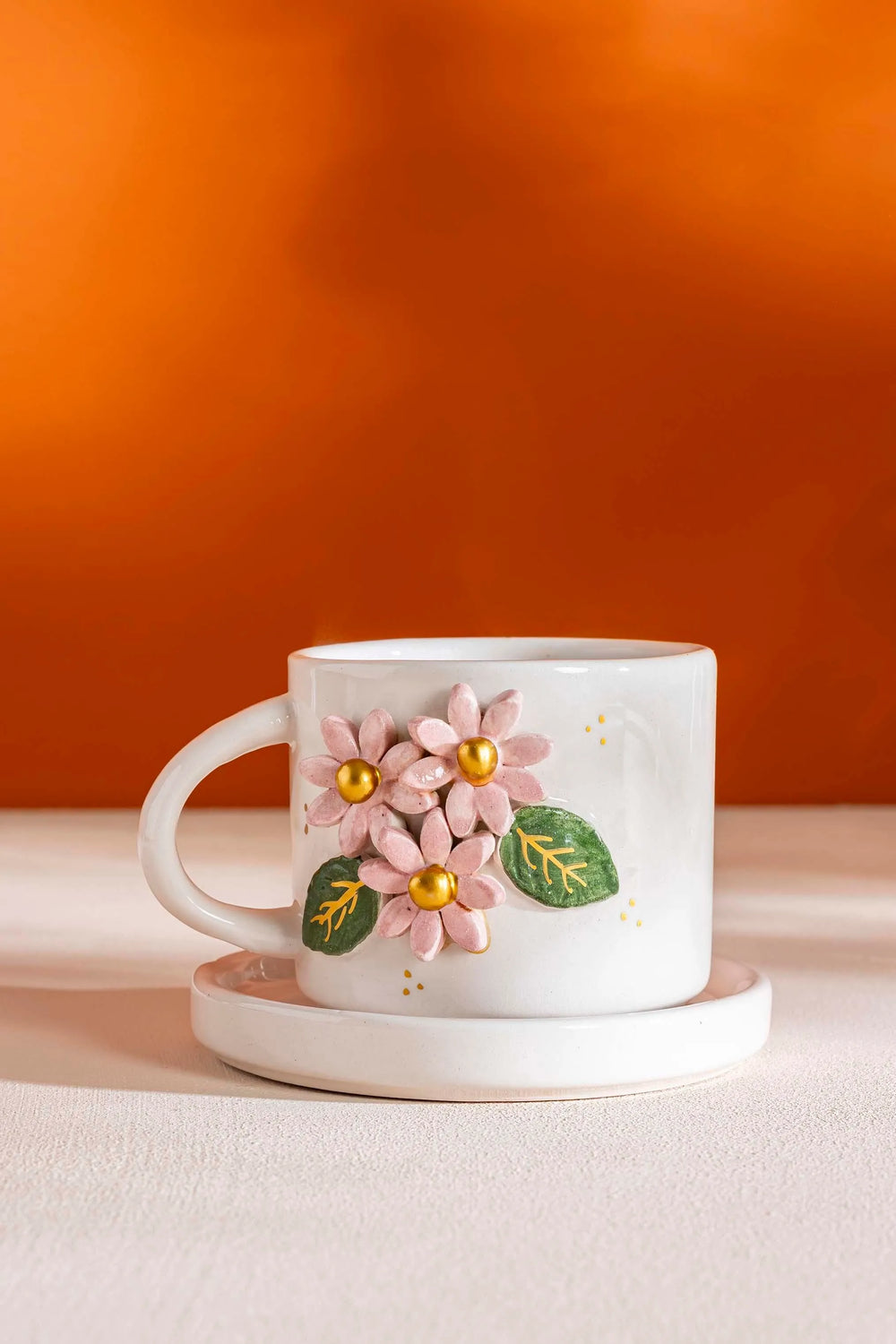 Pembe Çiçekli Amore El Yapımı Seramik Double Kahve Fincanı Mug Kupa