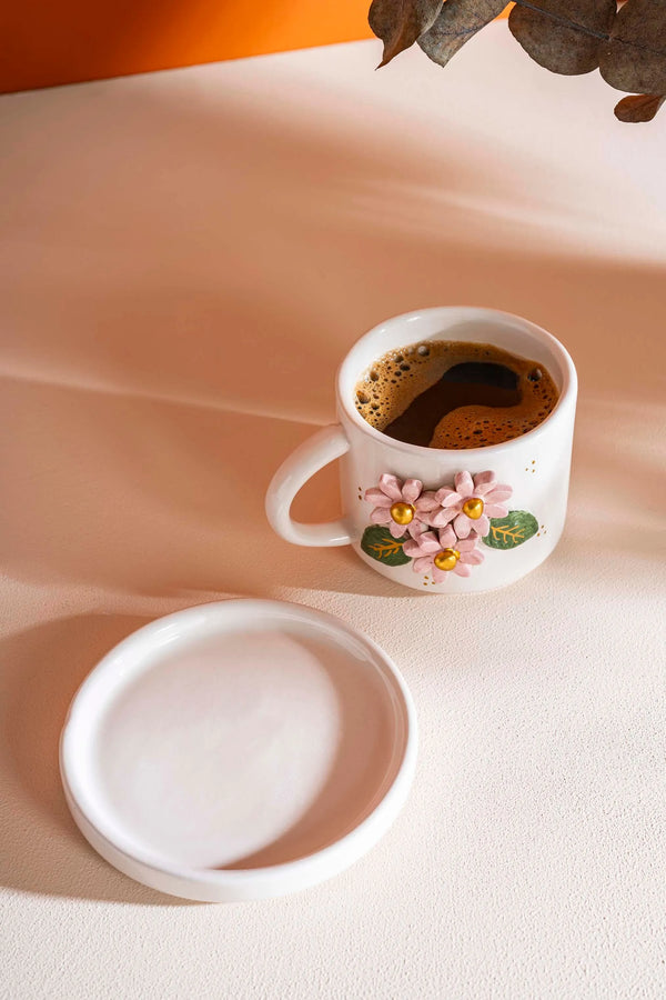 Pembe Çiçekli Amore El Yapımı Seramik Double Kahve Fincanı Mug Kupa