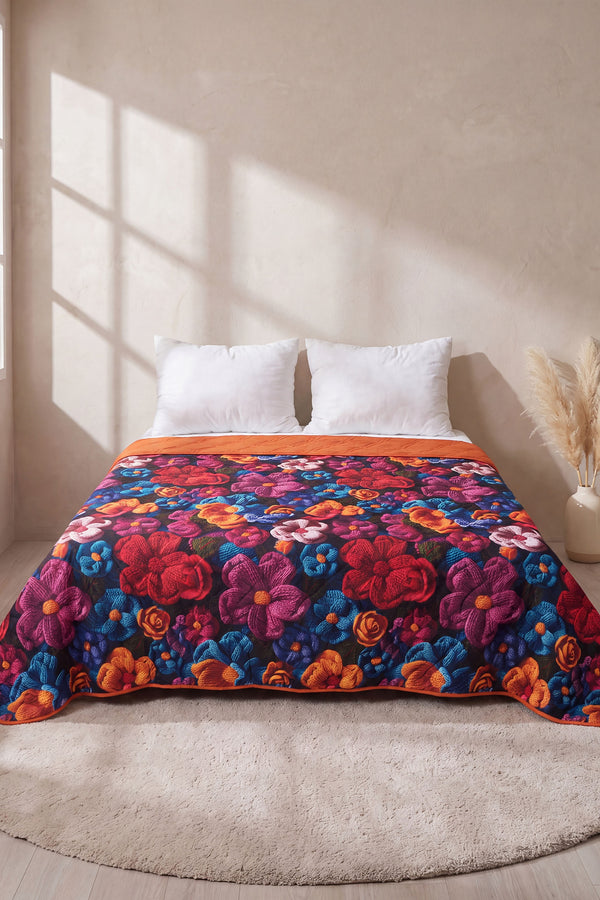 Örgü Çiçekler 5D Çok Amaçlı Çift Kişilik Baskılı Pike & Yatak Örtüsü 200x220 cm