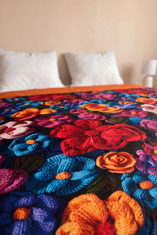 Örgü Çiçekler 5D Çok Amaçlı Çift Kişilik Baskılı Pike & Yatak Örtüsü 200x220 cm