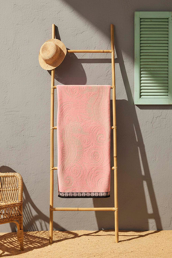 Pembe & Siyah Şeritli Poseidon %100 Pamuklu Plaj Havlusu 70x140 cm