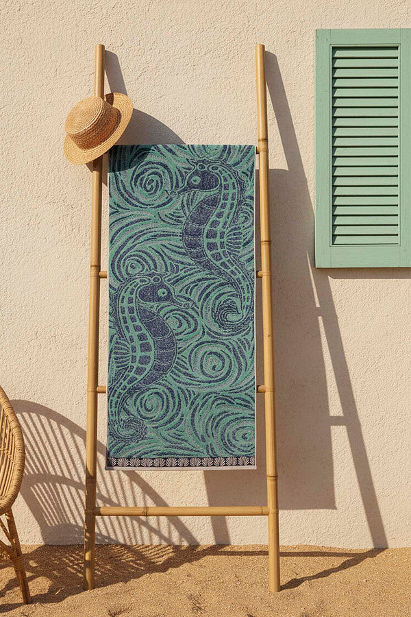 Turkuaz & Siyah Şeritli Poseidon %100 Pamuklu Plaj Havlusu 70x140 cm