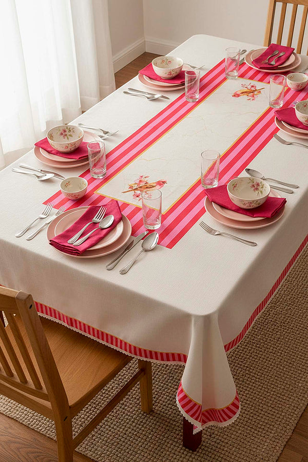 Pembe Kuş Desenli Dertsiz Leke Tutmaz Masa Örtüsü 150x220 cm