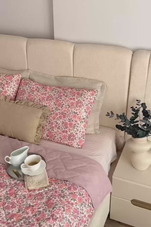 Pembe Bahar Kapitone Çift Kişilik Pamuklu Pike & Çok Amaçlı Yatak Örtüsü