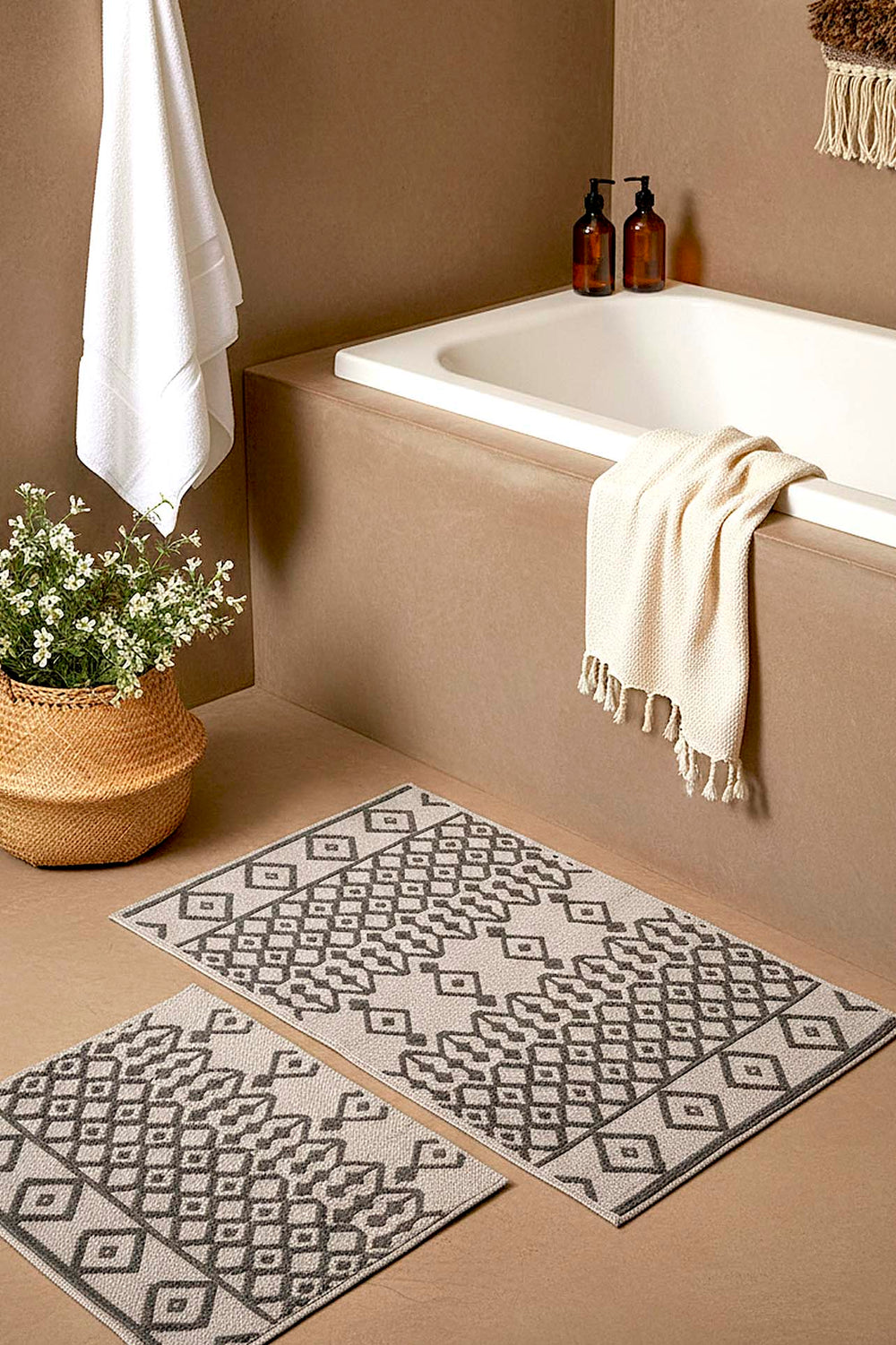 Gri Etnik Desen 2’li Banyo & Klozet Paspas Takımı