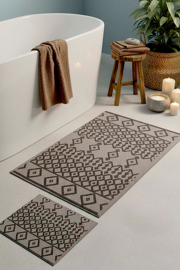 Gri Etnik Desen 2’li Banyo & Klozet Paspas Takımı