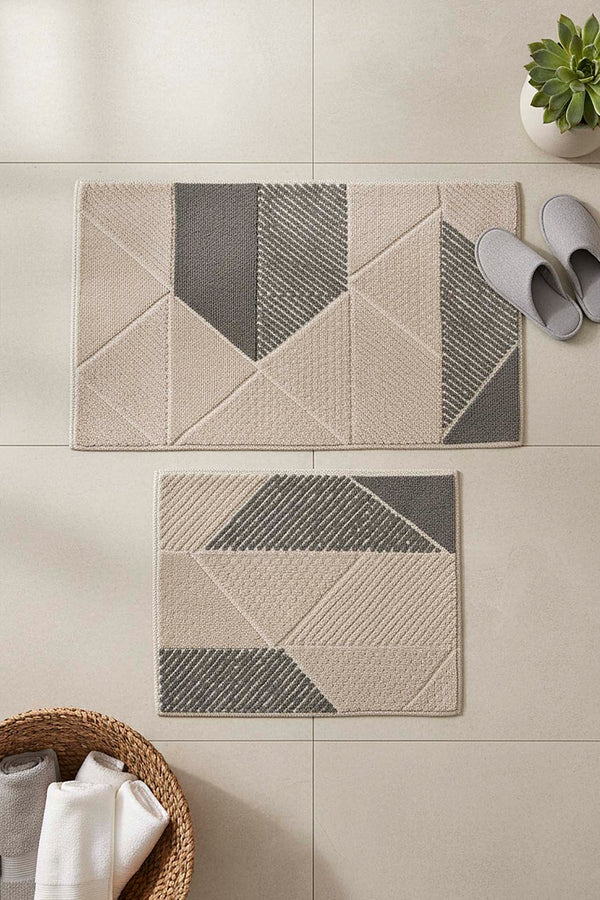 Soft Gri Geometrik Desen 2’li Banyo & Klozet Paspas Takımı