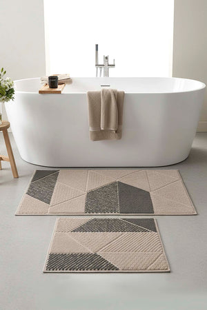 Soft Gri Geometrik Desen 2’li Banyo & Klozet Paspas Takımı