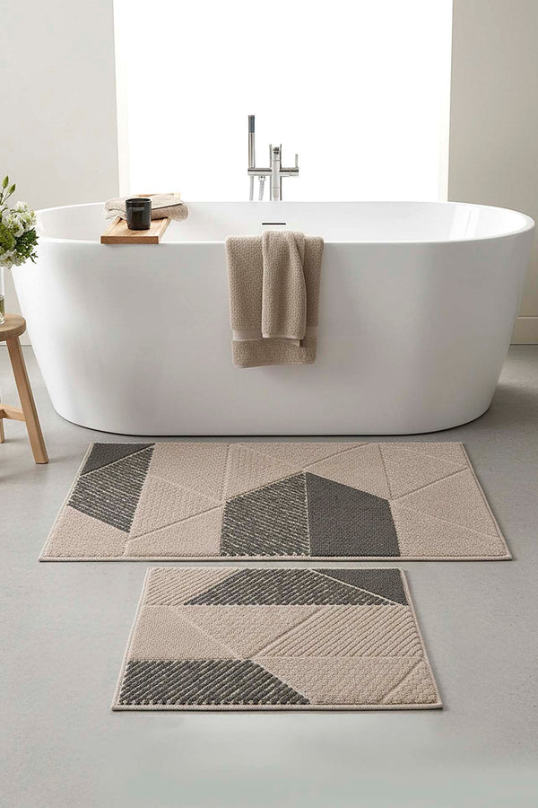 Soft Gri Geometrik Desen 2’li Banyo & Klozet Paspas Takımı