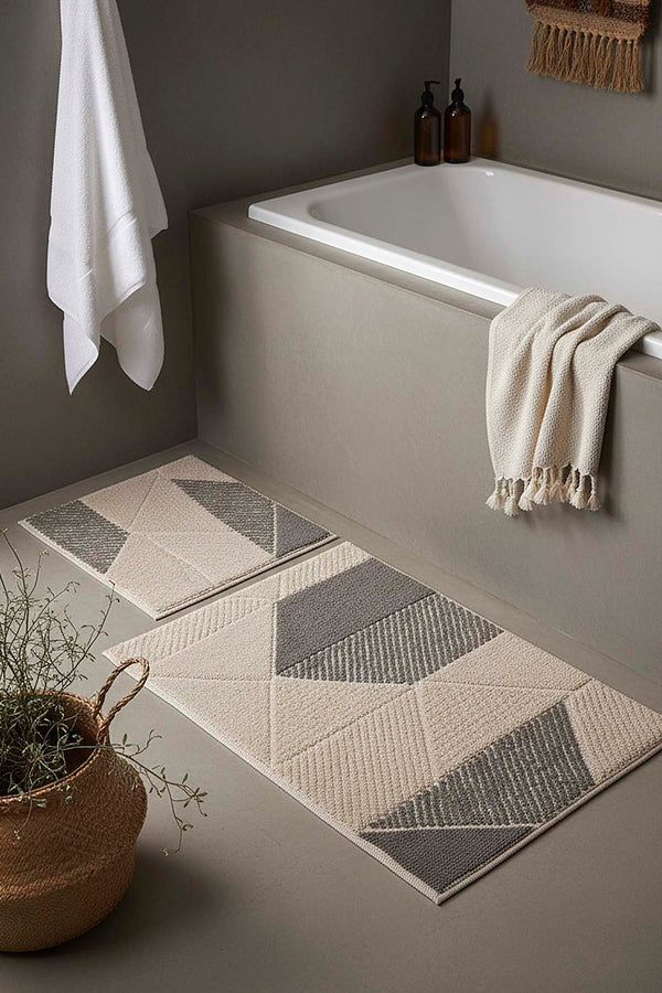 Soft Gri Geometrik Desen 2’li Banyo & Klozet Paspas Takımı