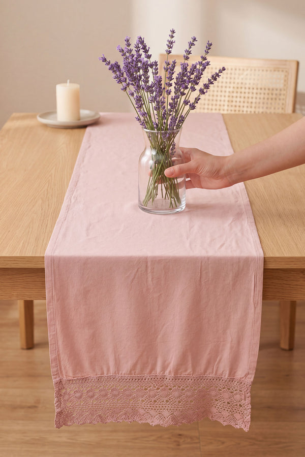Pudra Lacy Pamuklu Dantelli Runner 40x150 cm