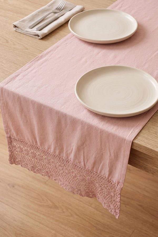 Pudra Lacy Pamuklu Dantelli Runner 40x150 cm