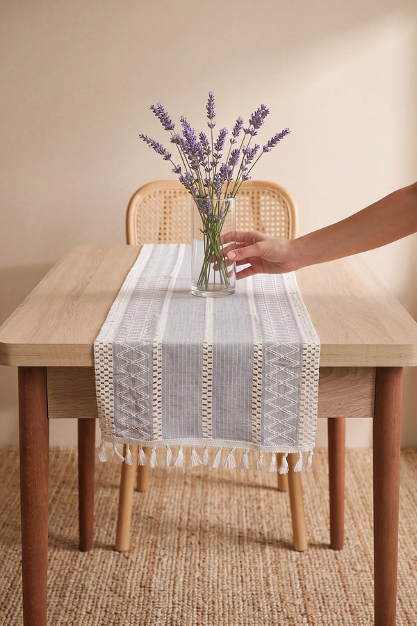 Gri Regina Pamuklu Püsküllü Runner 35x145 cm