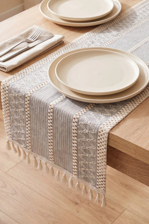 Gri Regina Pamuklu Püsküllü Runner 35x145 cm