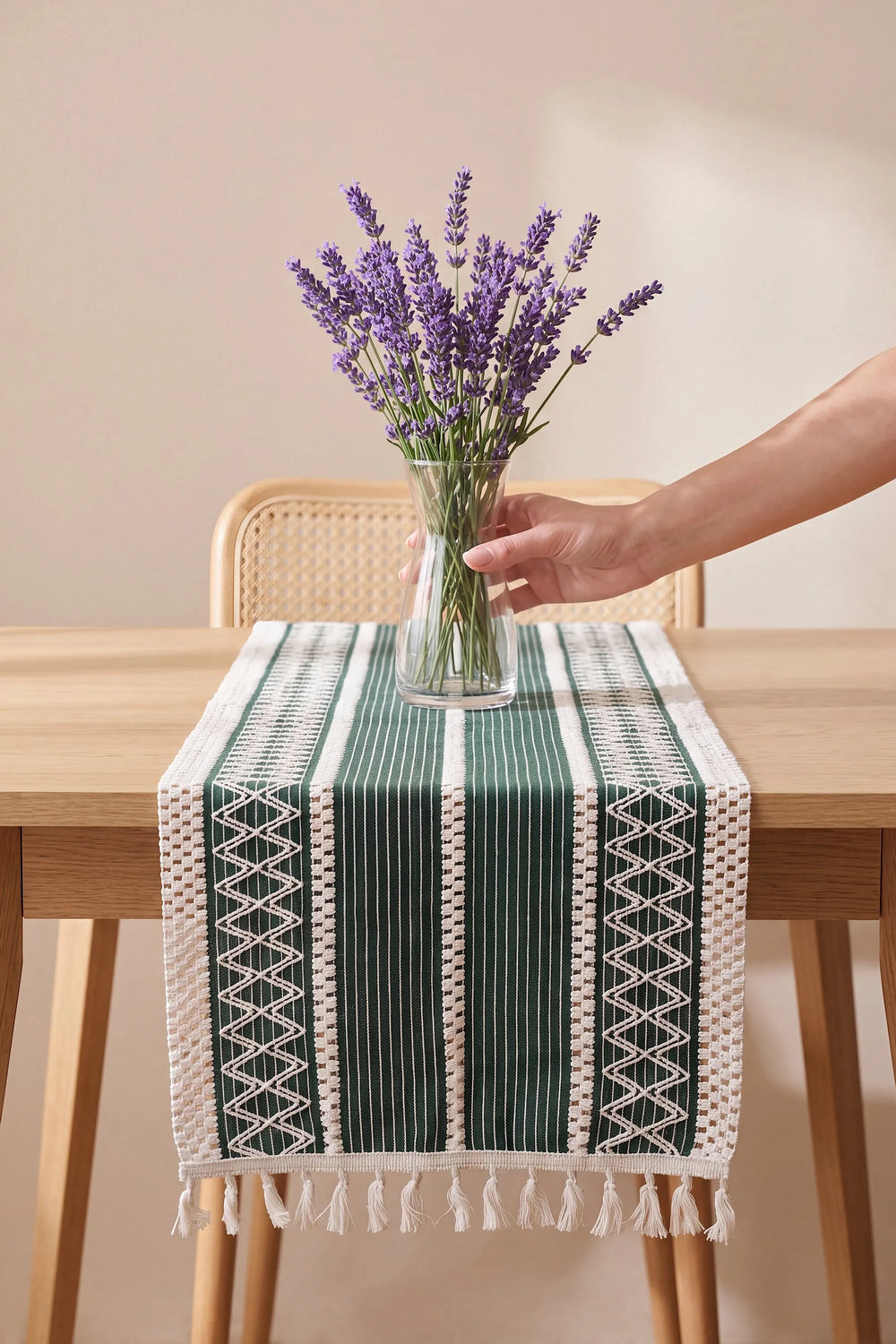 Haki Regina Pamuklu Püsküllü Runner 35x145 cm