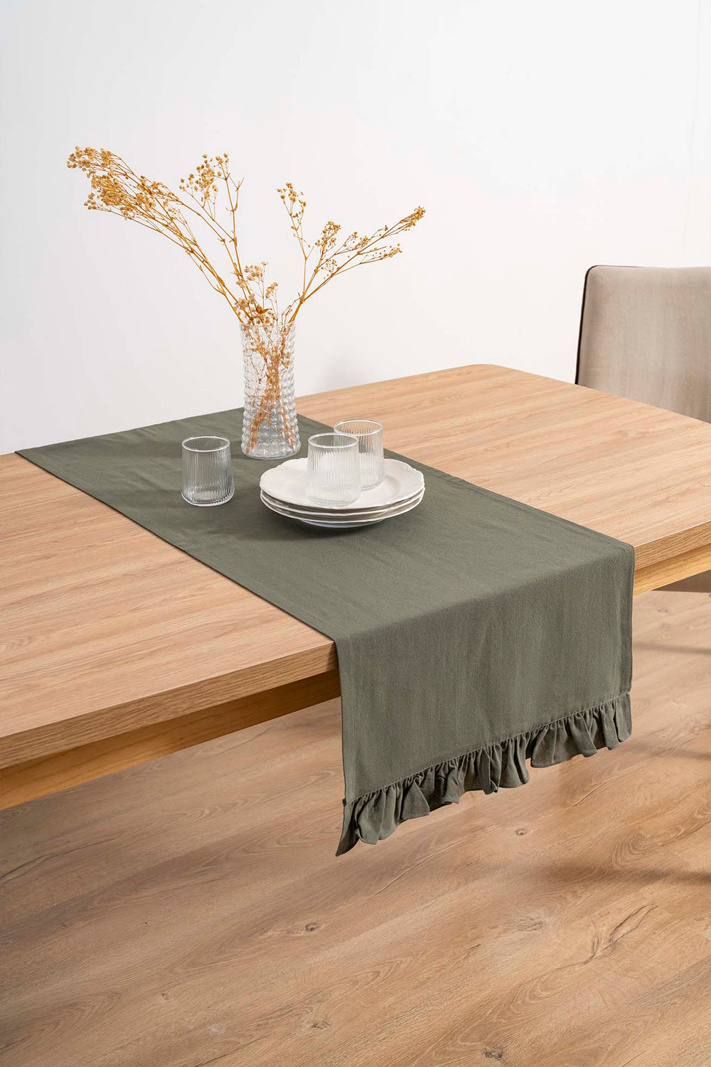 Ruffle Haki Fırfırlı %100 Pamuklu Ham Keten Runner 50x130 cm