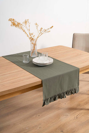 Ruffle Haki Fırfırlı %100 Pamuklu Ham Keten Runner 50x130 cm