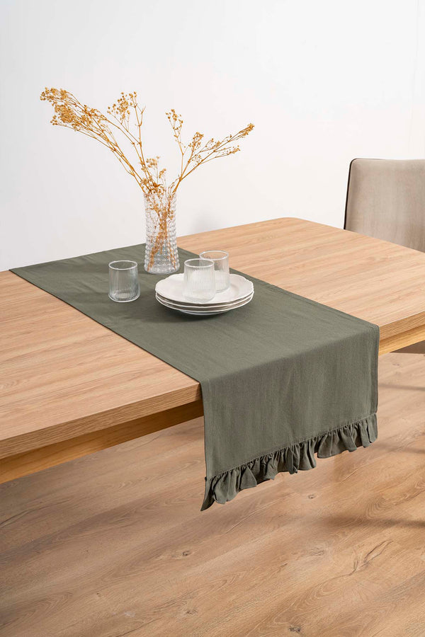 Ruffle Haki Fırfırlı %100 Pamuklu Ham Keten Runner 50x130 cm