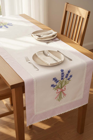 Lavanta İşlemeli Buldan Kumaş Runner 50x130 cm