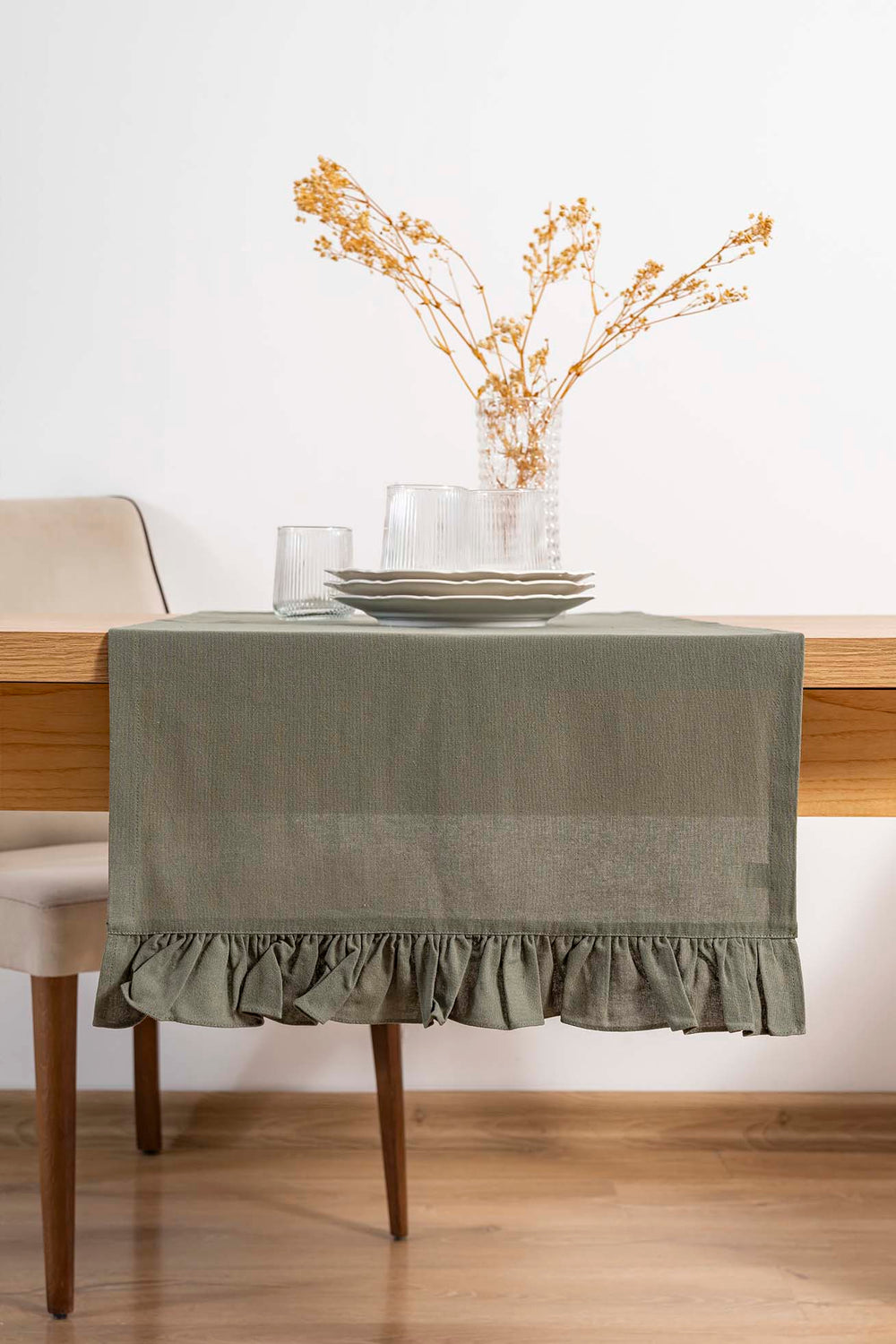 Ruffle Haki Fırfırlı %100 Pamuklu Ham Keten Runner 50x130 cm