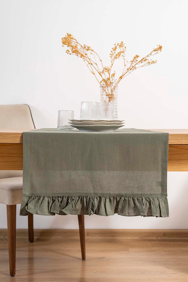 Ruffle Haki Fırfırlı %100 Pamuklu Ham Keten Runner 50x130 cm