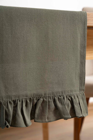 Ruffle Haki Fırfırlı %100 Pamuklu Ham Keten Runner 50x130 cm