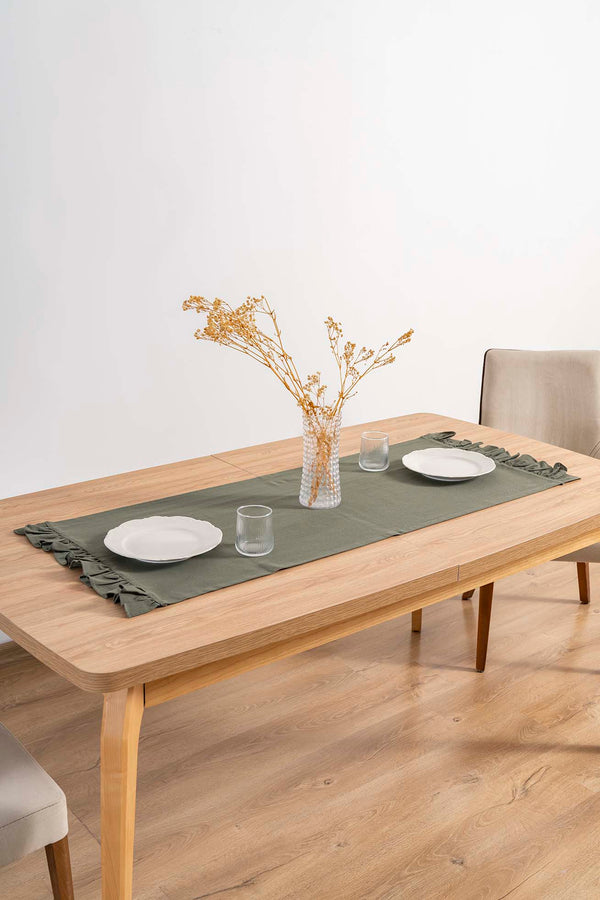 Ruffle Haki Fırfırlı %100 Pamuklu Ham Keten Runner 50x130 cm