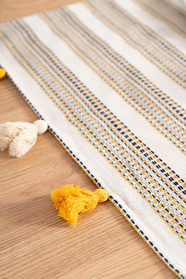 Ruffle Püsküllü Pamuklu Ham Keten Runner 50x130 cm