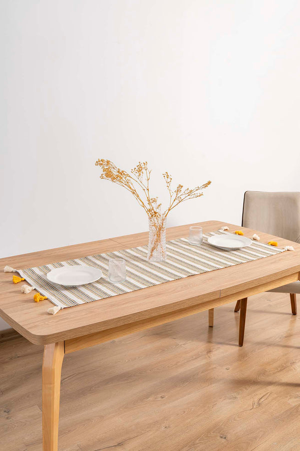 Ruffle Püsküllü Pamuklu Ham Keten Runner 50x130 cm