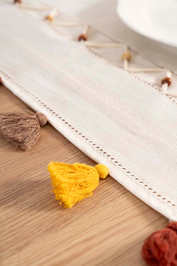 Ruffle Boncuk & Püsküllü %100 Pamuklu Ham Keten Runner 50x130 cm