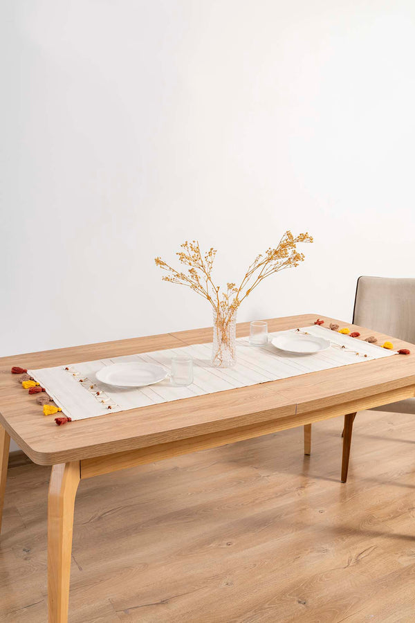 Ruffle Boncuk & Püsküllü %100 Pamuklu Ham Keten Runner 50x130 cm