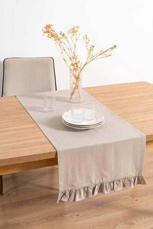 Ruffle Bej Fırfırlı %100 Pamuklu Ham Keten Runner 50x130 cm