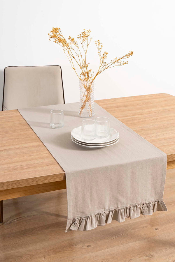 Ruffle Bej Fırfırlı %100 Pamuklu Ham Keten Runner 50x130 cm