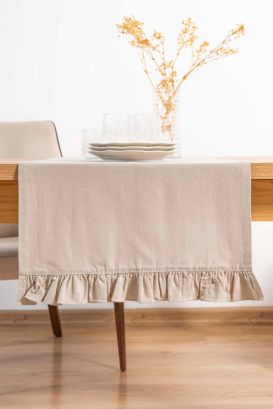 Ruffle Bej Fırfırlı %100 Pamuklu Ham Keten Runner 50x130 cm