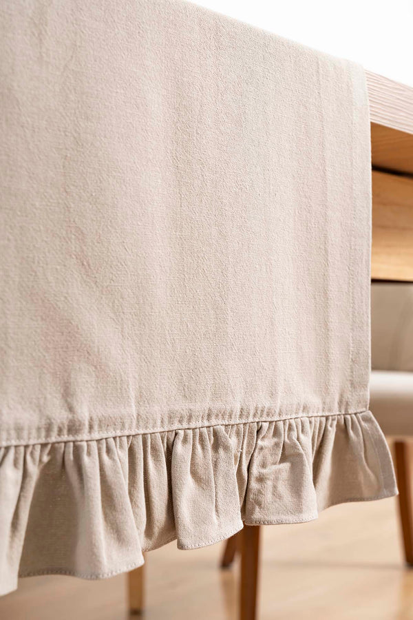 Ruffle Bej Fırfırlı %100 Pamuklu Ham Keten Runner 50x130 cm