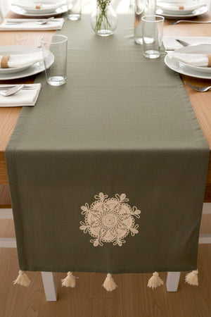 Haki Dantel Motifli Runner 50x130 cm