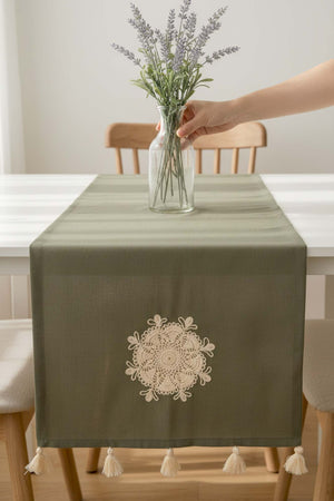 Haki Dantel Motifli Runner 50x130 cm