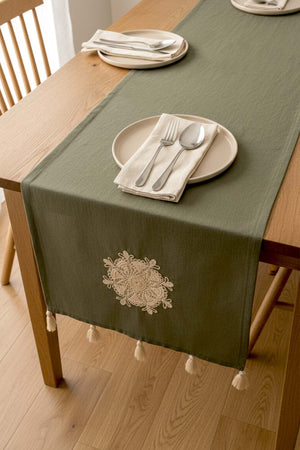 Haki Dantel Motifli Runner 50x130 cm