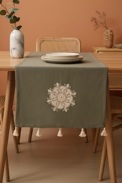 Haki Dantel Motifli Runner 50x130 cm