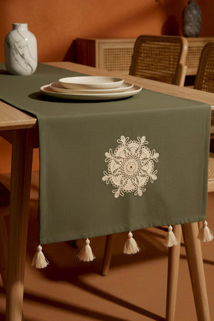 Haki Dantel Motifli Runner 50x130 cm