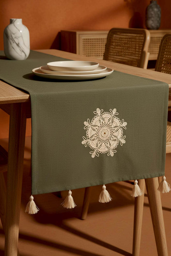 Haki Dantel Motifli Runner 50x130 cm