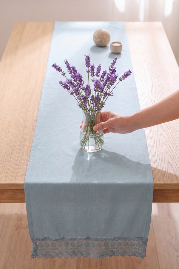 Mineral Blue Lacy Pamuklu Dantelli Runner 40x150 cm