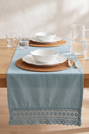 Mineral Blue Lacy Pamuklu Dantelli Runner 40x150 cm